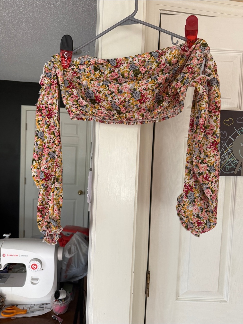 Floral Off-Shoulder Tie-Sleeve Crop Top - Pink Multi